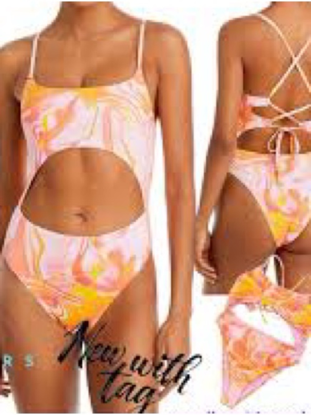 NWT SIZE L Bloomingdale's Pink and Yellow Cutout One-Piece Swimsuit